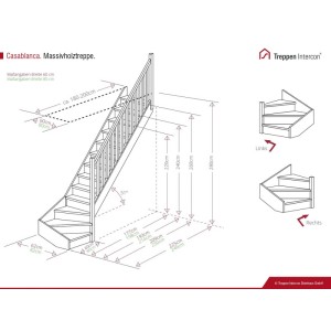 Technische Zeichnung Intercon Casablanca Holztreppe. Maße, Linkswendelung, Geländer, Setzstufen. Raumspartreppe Buche.