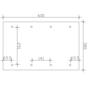 Maße des Satteldach-Carports Wallgau Nussbaum: 380 x 600 cm, Pfostenanordnung mit Maßangaben.