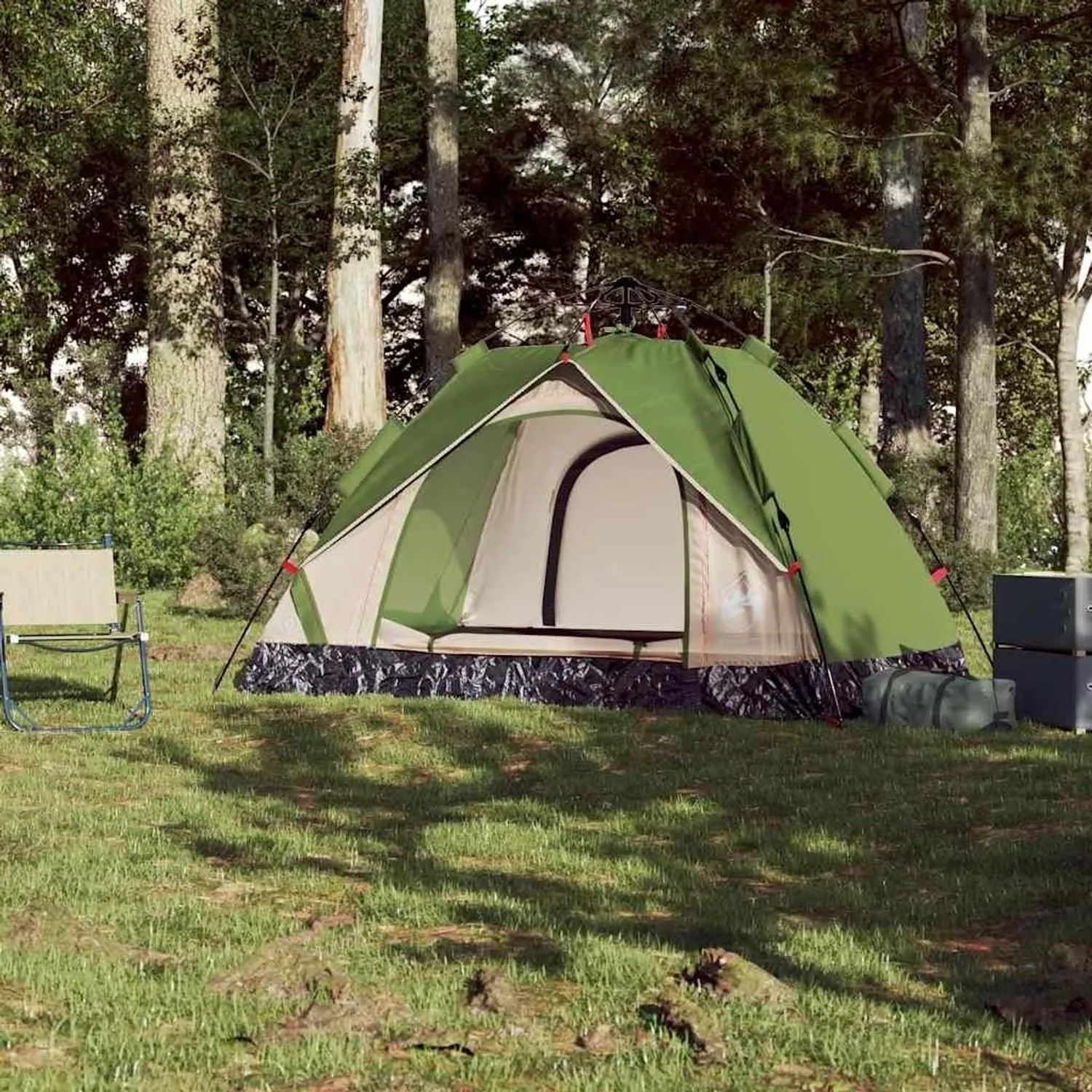 Grünes Furnicato Kuppelzelt im Wald, offen, mit Campingstuhl. Perfekt für Camping & Outdoor Abenteuer.