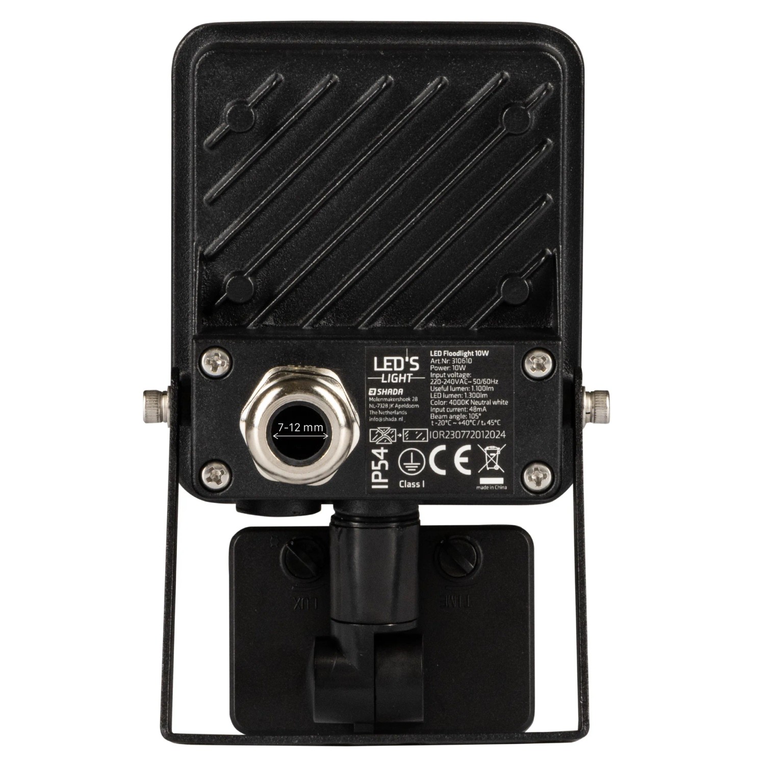 Schwarzer LED's Work Strahler mit Sensor, 10W, 1200lm, 4000K, IP54, Detailansicht Rückseite.