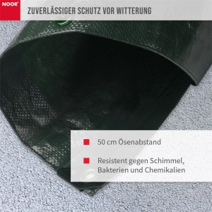 Grüne Noor Abdeckplane Profi, 2x2m, aus robustem Gewebe mit Ösen. Ideal als Bauplane und Schutzplane.