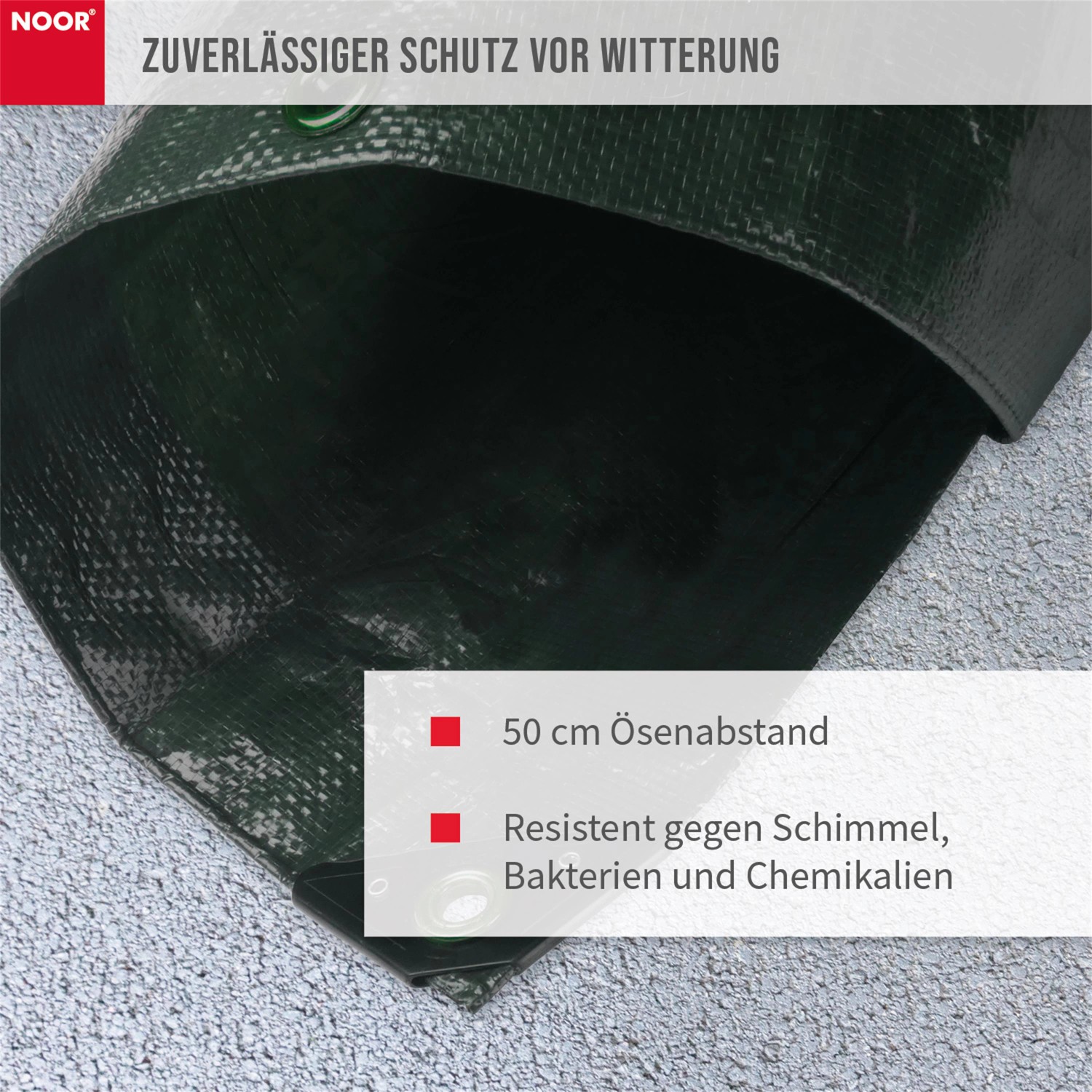 Grüne Noor Abdeckplane Profi, 2x2m, aus robustem Gewebe mit Ösen. Ideal als Bauplane und Schutzplane.