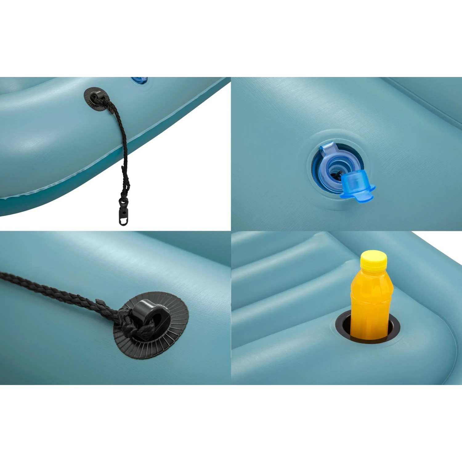 Details der Bestway Hydro Force Floating Platform: Befestigung, Ventil, Halterung mit Getränk.