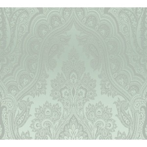 Vliestapete mit Barock Ornament in Eukalyptus Grün und Silber Glanz.