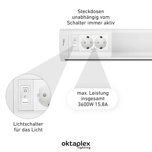 Oktaplex LED Unterbauleuchte mit 2 Steckdosen und Lichtschalter, Detailansicht.