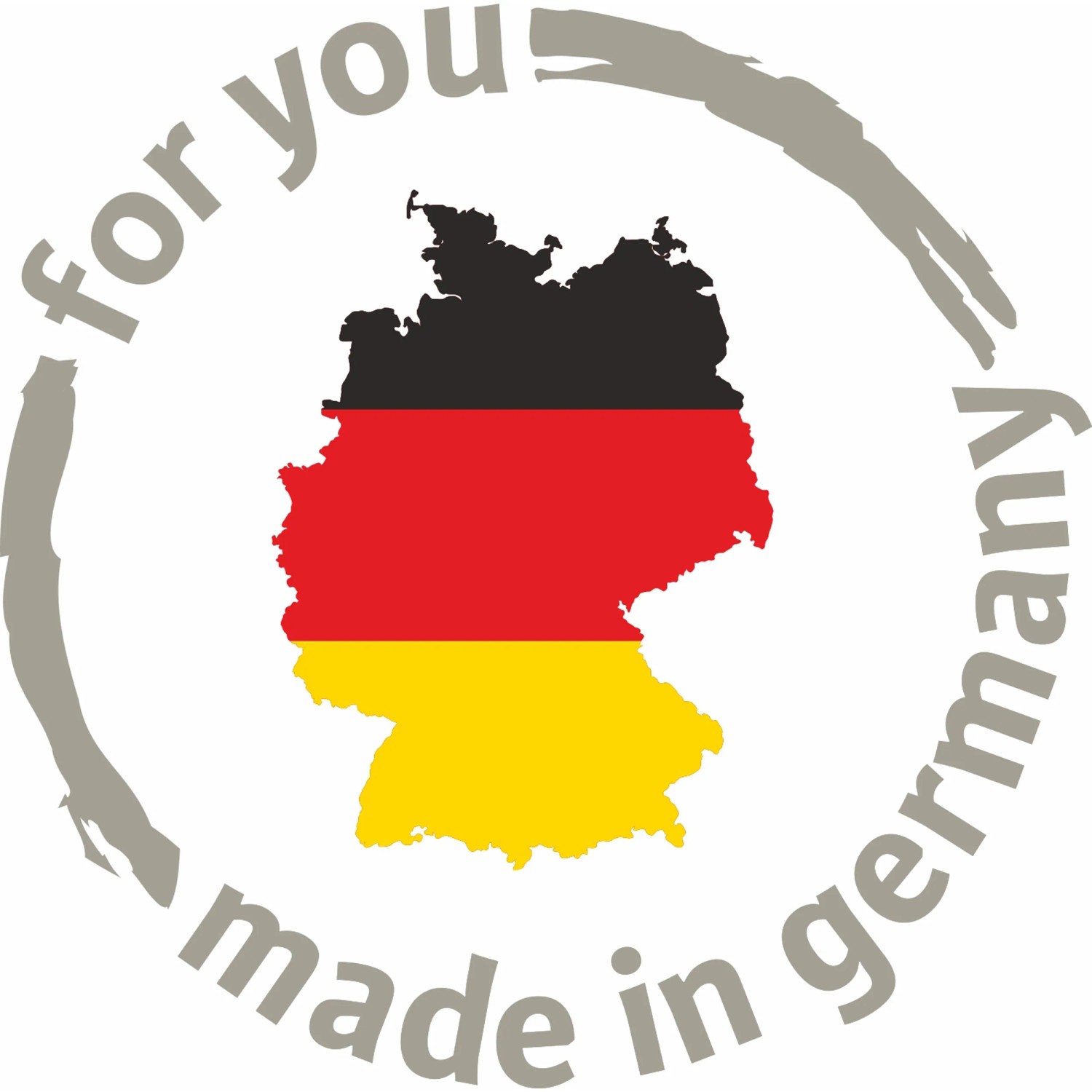 Deutschlandkarte in den Nationalfarben, umrandet mit "for you - made in germany".