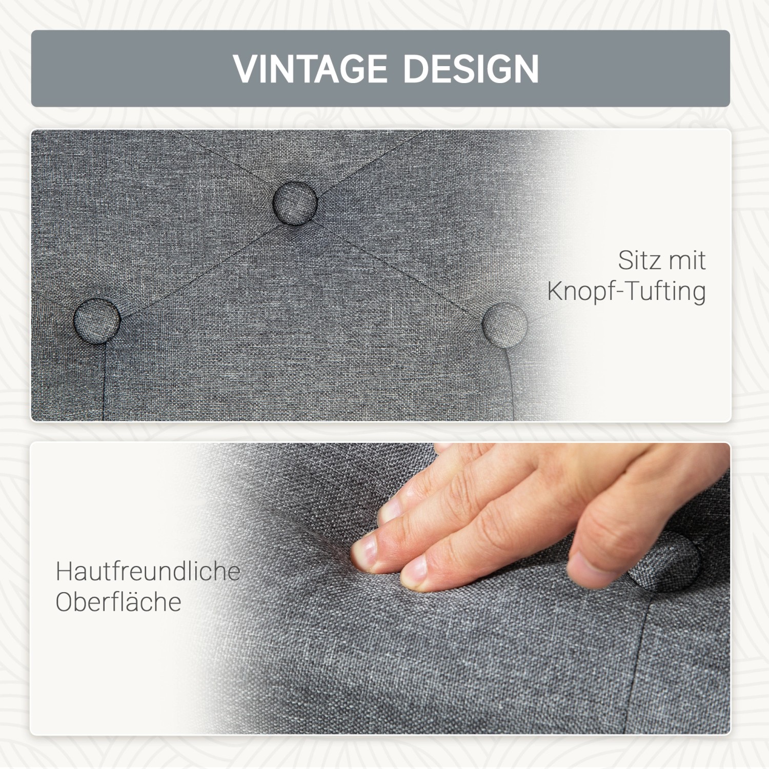 Detailansicht: Hellgraue HOMCOM Sitzbank mit Knopfheftung und hautfreundlicher Oberfläche.