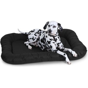Schwarzes Knuffelwuff Hundebett Lucky XL mit Dalmatiner. Wasserfestes Outdoor Hundekörbchen.