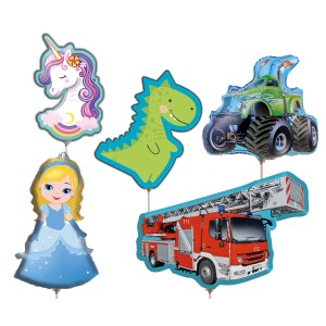 Mehrfarbige Mini Folienballons (5-fach sortiert) mit Motiven: Einhorn, Dino, Monster Truck, Prinzessin und Feuerwehr.