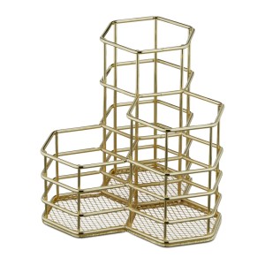 Goldener Relaxdays Pinselhalter aus Eisen mit 3 Fächern für Bürobedarf.