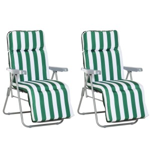 Zwei verstellbare Outsunny Gartenstühle mit grün-weiß gestreifter Polsterung und Armlehnen.