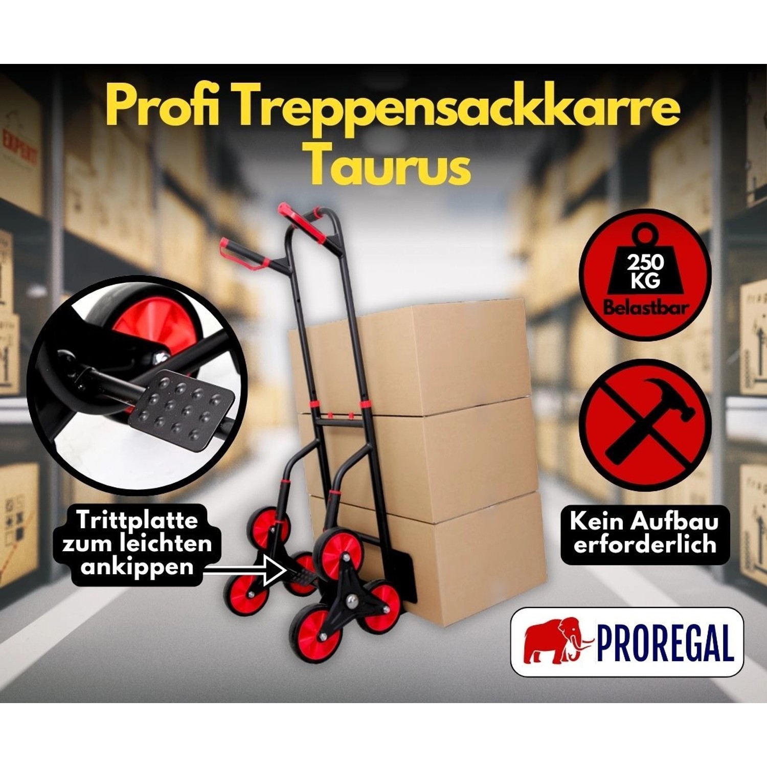 PROREGAL Treppensteiger TAURUS mit Stahlrahmen, roten Rädern und Kartons. Traglast 250 kg.