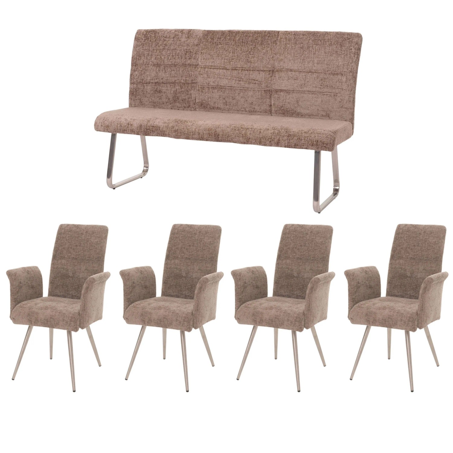 MCW Esszimmer-Set G55 4er-Set Stuhl mit Armlehne+Sitzbank 160cm 5-teilig Stoff Chenille Braun