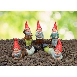 Heissner Gartenzwerg-Gruppe Waldmänner, 5 handbemalte Zwerge mit roten Mützen als Gartendekoration.