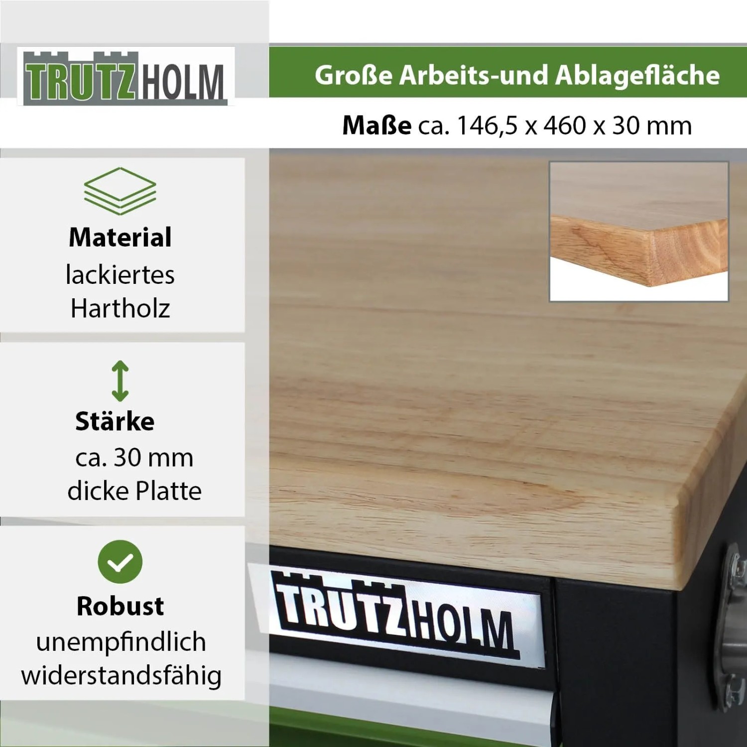 TRUTZHOLM Werkstattwagen: Robuste, lackierte Hartholz-Arbeitsplatte, 30 mm dick, für Werkbank.