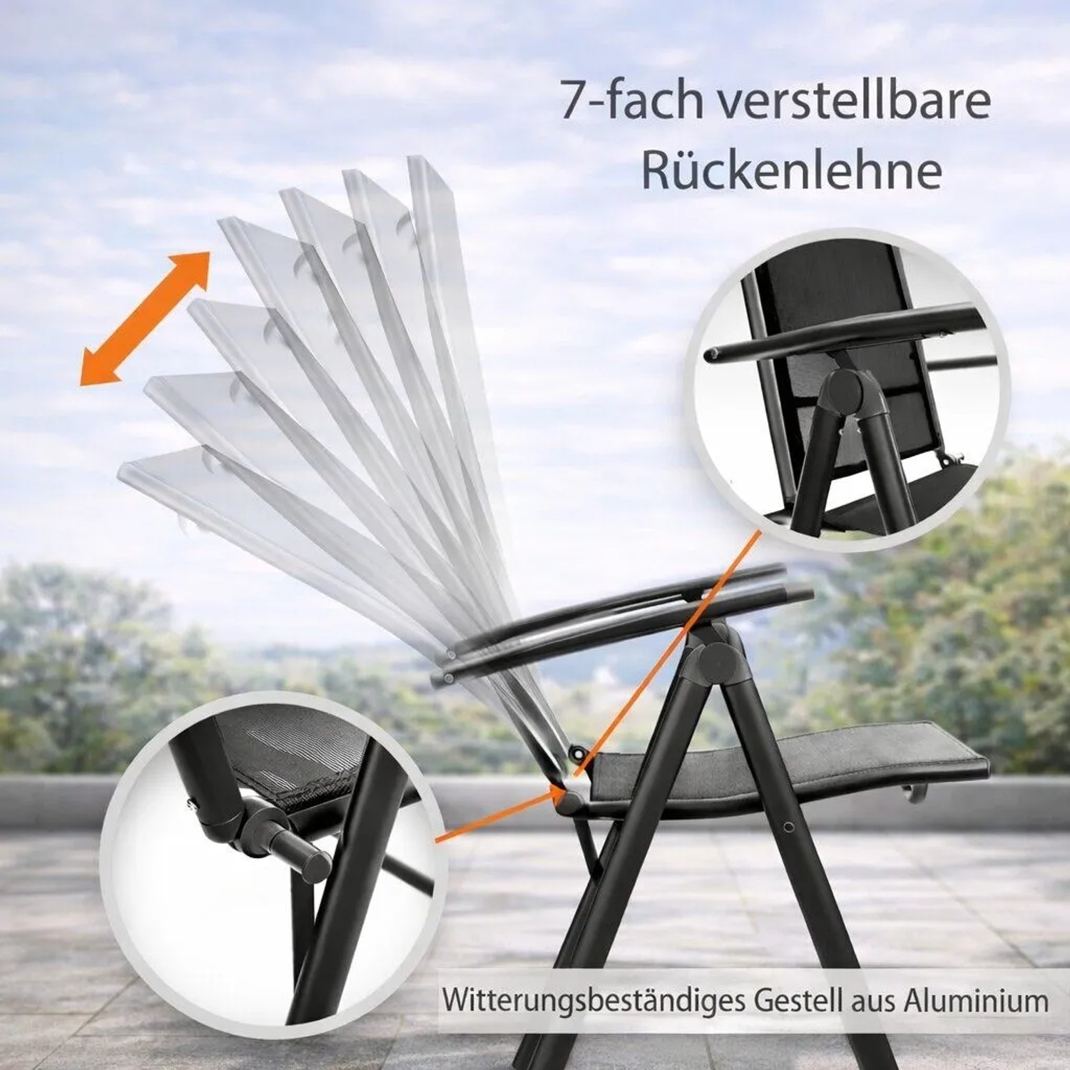 Gartenstuhl, schwarz, klappbar, mit 7-fach verstellbarer Rückenlehne. Detailaufnahme der Verstellung.