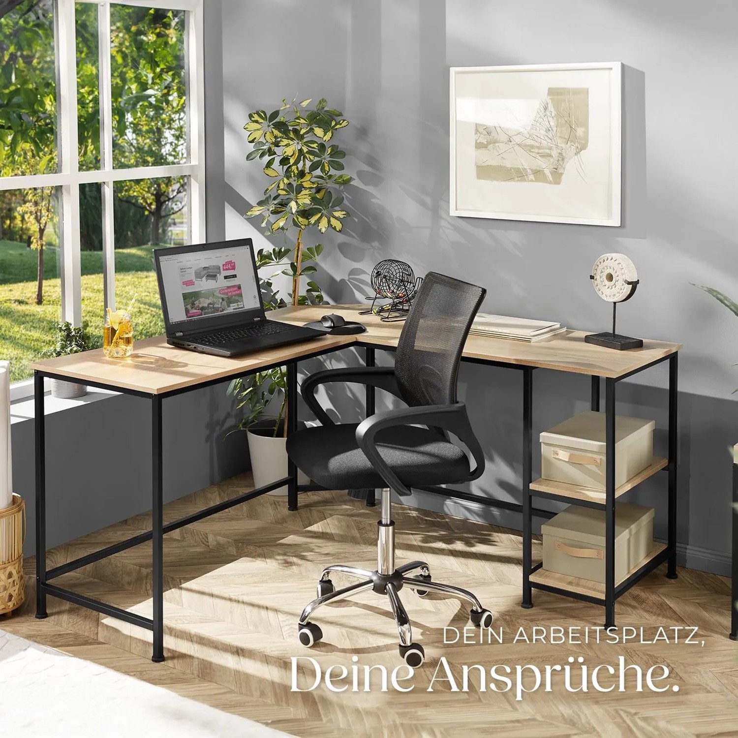 Tectake Eckschreibtisch Hamilton im Industrial Style mit Stahlgestell und Ablagefächern in Eiche Sonoma Optik.