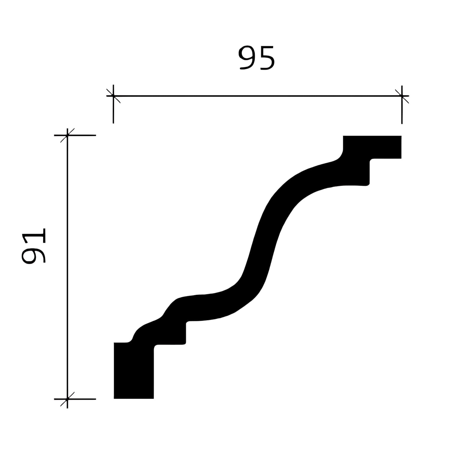 Abbildung der flexiblen, weißen PROFHOME Eckleiste (9,5x9,1cm) aus Polyurethan mit Maßangaben.