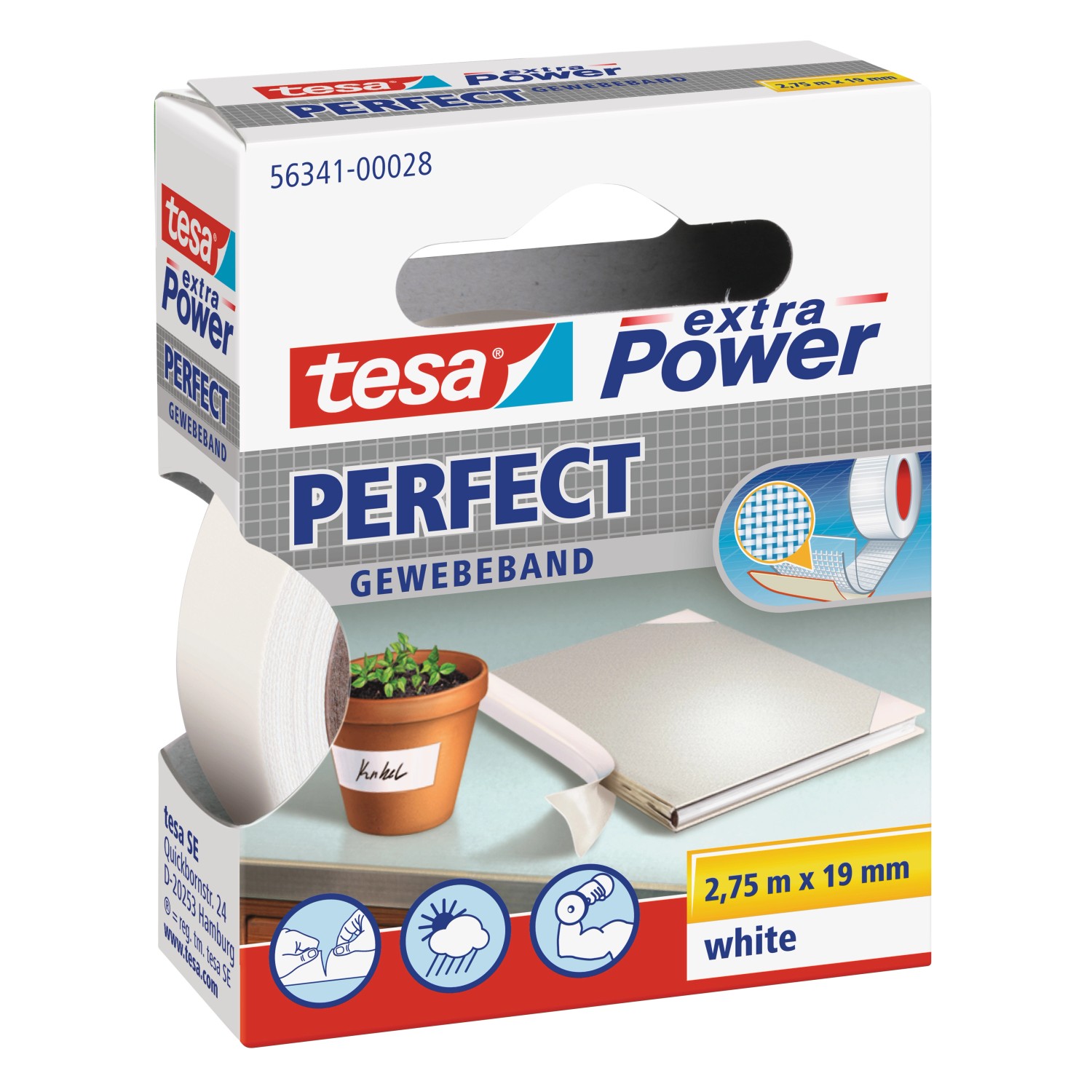 Tesa Extra Power Perfect Gewebeband Weiß 2,75 m x 19 mm