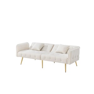 Cremefarbenes Merax Schlafsofa 2 Sitzer aus Velours mit Bettfunktion, verstellbaren Lehnen und goldenen Füßen.