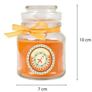 Duftkerze Schütze im Glas mit Honigmelonen-Duft und gelber Schleife. Stumpenkerze.