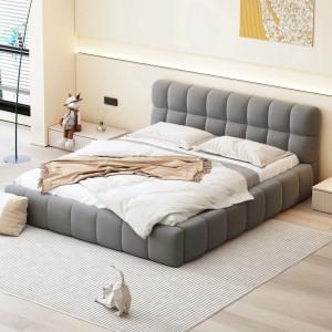PXloue Polsterbett Bett Grau 160x200cm mit Weicher Rückenlehne Leinen