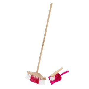 Galaflor Kinder Kehrset pink: Besen mit Holzstiel, Handfeger, Kehrblech. Pink-weiße Kunststoffborsten. Kinder-Gartengeräte.