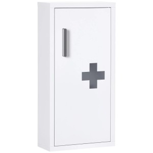 Weißer Medizinschrank mit grauem Kreuz und silbernem Griff. Kompakter Arzneischrank mit Magnetverschluss für die Wand.