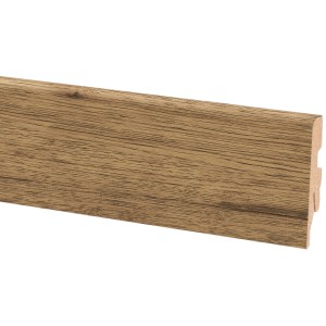 Sockelleiste in Eiche-Optik, 60 mm hoch, zur Wandbefestigung mit Clips.