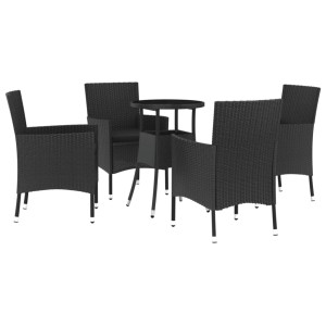 Schwarzes 5-tlg. vidaXL Garten-Bistro-Set aus Poly Rattan mit Tisch und 4 Stühlen mit Kissen.