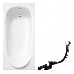 Weiße rechteckige Acryl-Badewanne 160x75 cm mit Ablauf und Siphon. Modernes Design für Ihr Badezimmer.