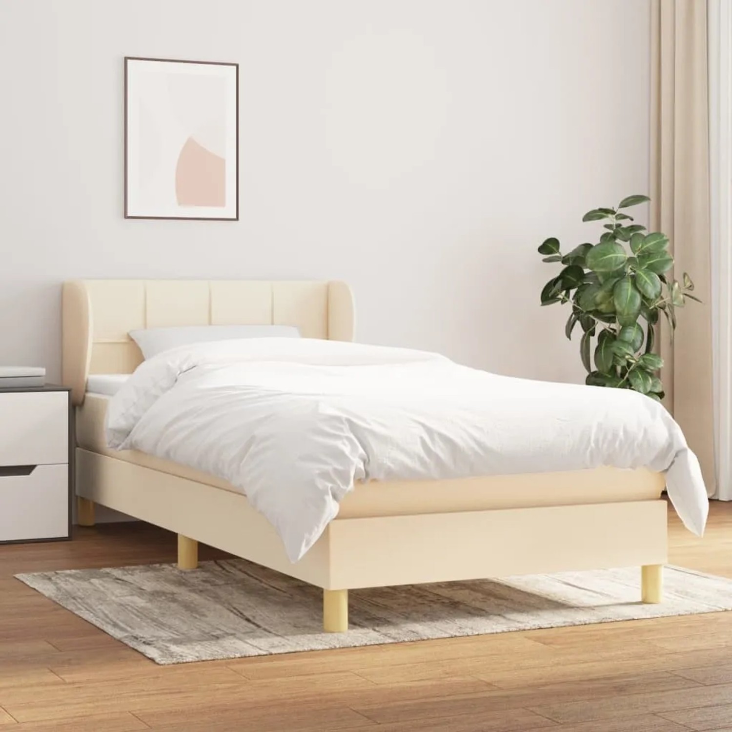 Cremefarbenes vidaXL Boxspringbett 100x200 cm mit Stoffbezug, inklusive Matratze und Kopfteil.