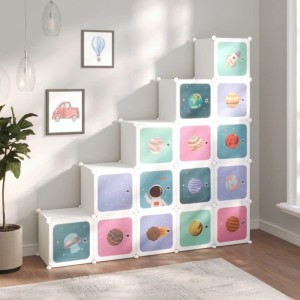 Weißer vidaXL Kinderschrank mit 15 Würfeln und bunten Weltraum Motiven.