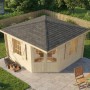 Unbehandeltes Alpholz Gartenhaus Monica Royal mit Spitzdach und Anbaudach im Garten.