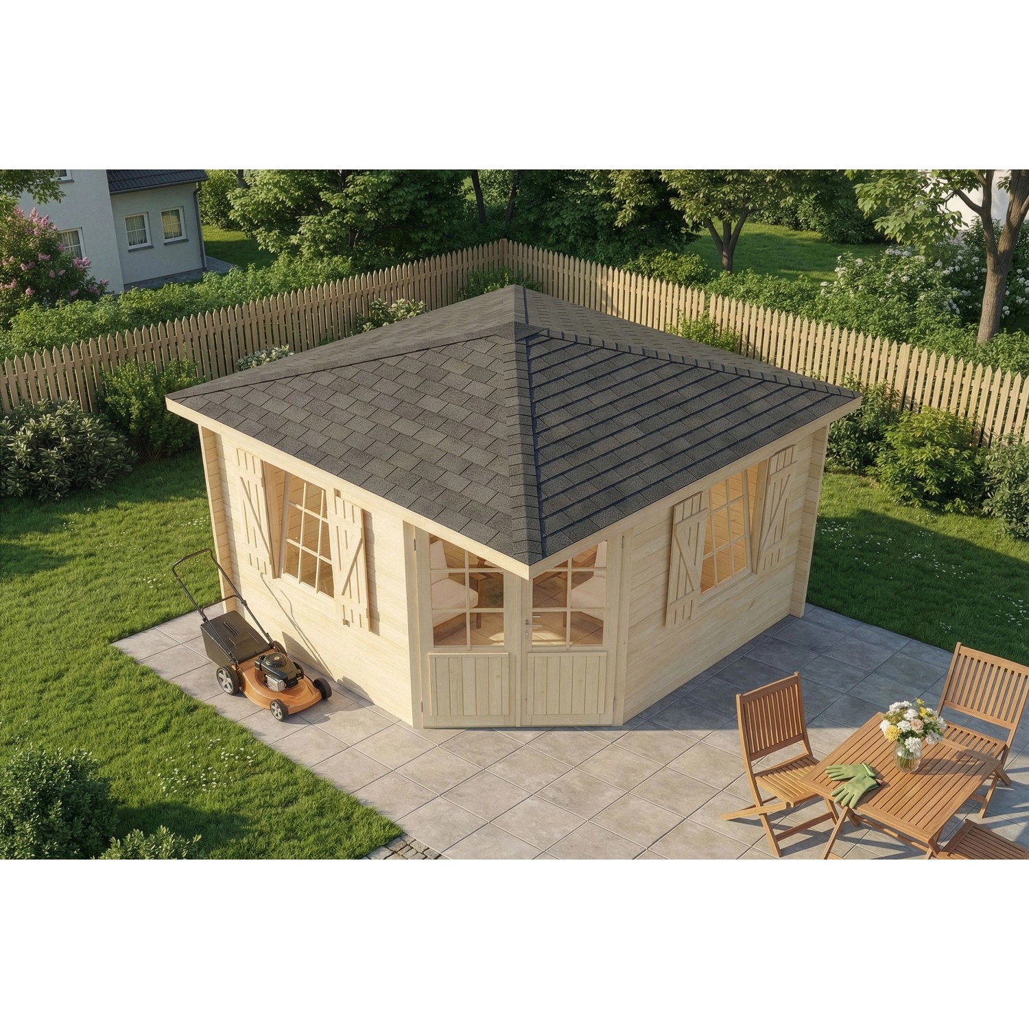 Unbehandeltes Alpholz Gartenhaus Monica Royal mit Spitzdach und Anbaudach im Garten.