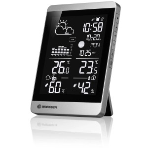 Bresser ClimateTemp NDV-NEO Funk-Wetterstation in Silber-Schwarz zeigt Temperatur, Luftfeuchtigkeit und Wettervorhersage.
