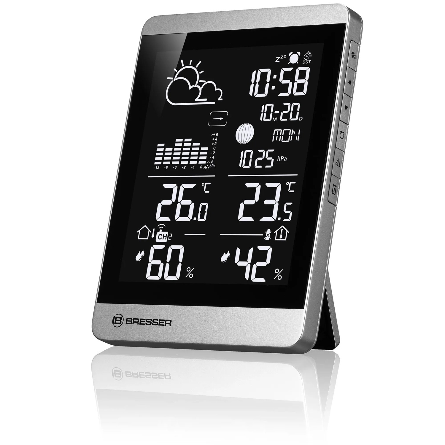 Bresser ClimateTemp NDV-NEO Funk-Wetterstation in Silber-Schwarz zeigt Temperatur, Luftfeuchtigkeit und Wettervorhersage.