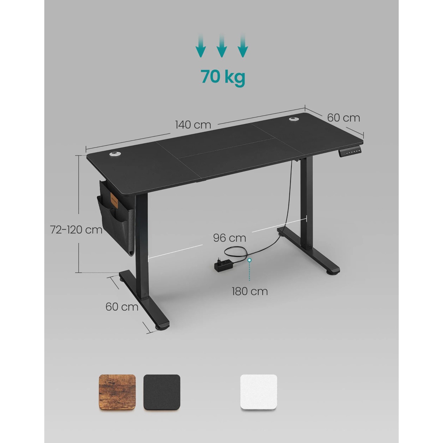 Schwarzer, höhenverstellbarer Songmics Schreibtisch (140x120x60 cm) mit Kabelmanagement.