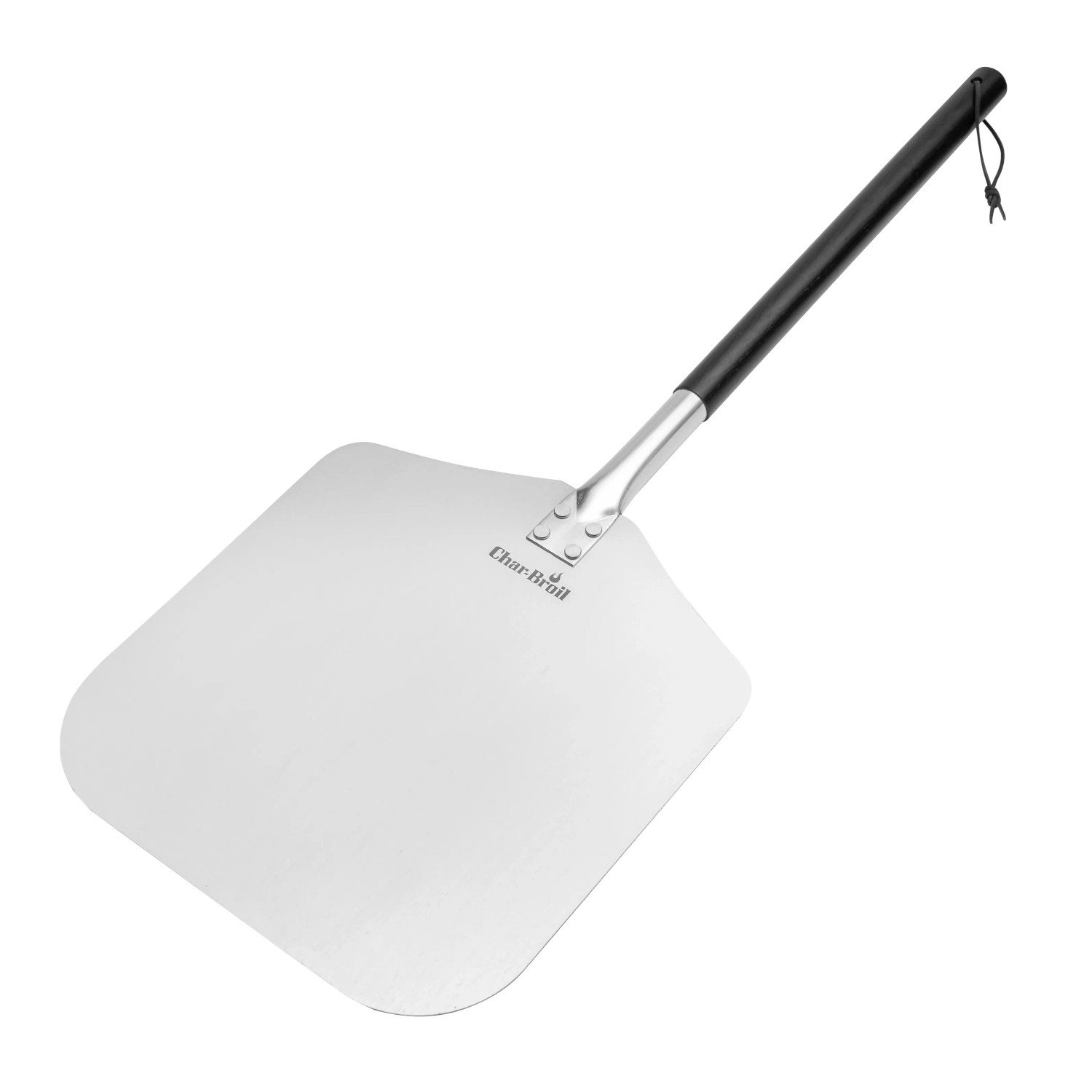 Char-Broil Pizzaschieber aus Aluminium mit Holzgriff und Lederschlaufe.