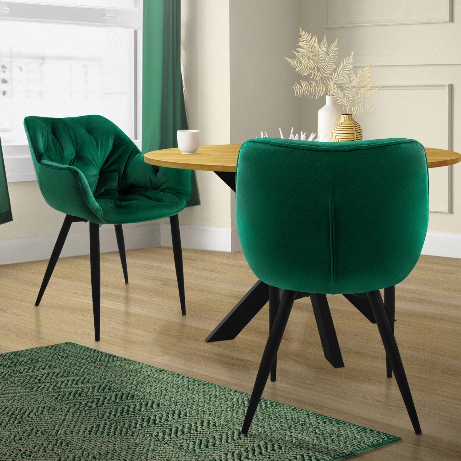 ML-Design Esszimmerstühle, 2er Set, dunkelgrün, Samt, mit schwarzen Metallbeinen.