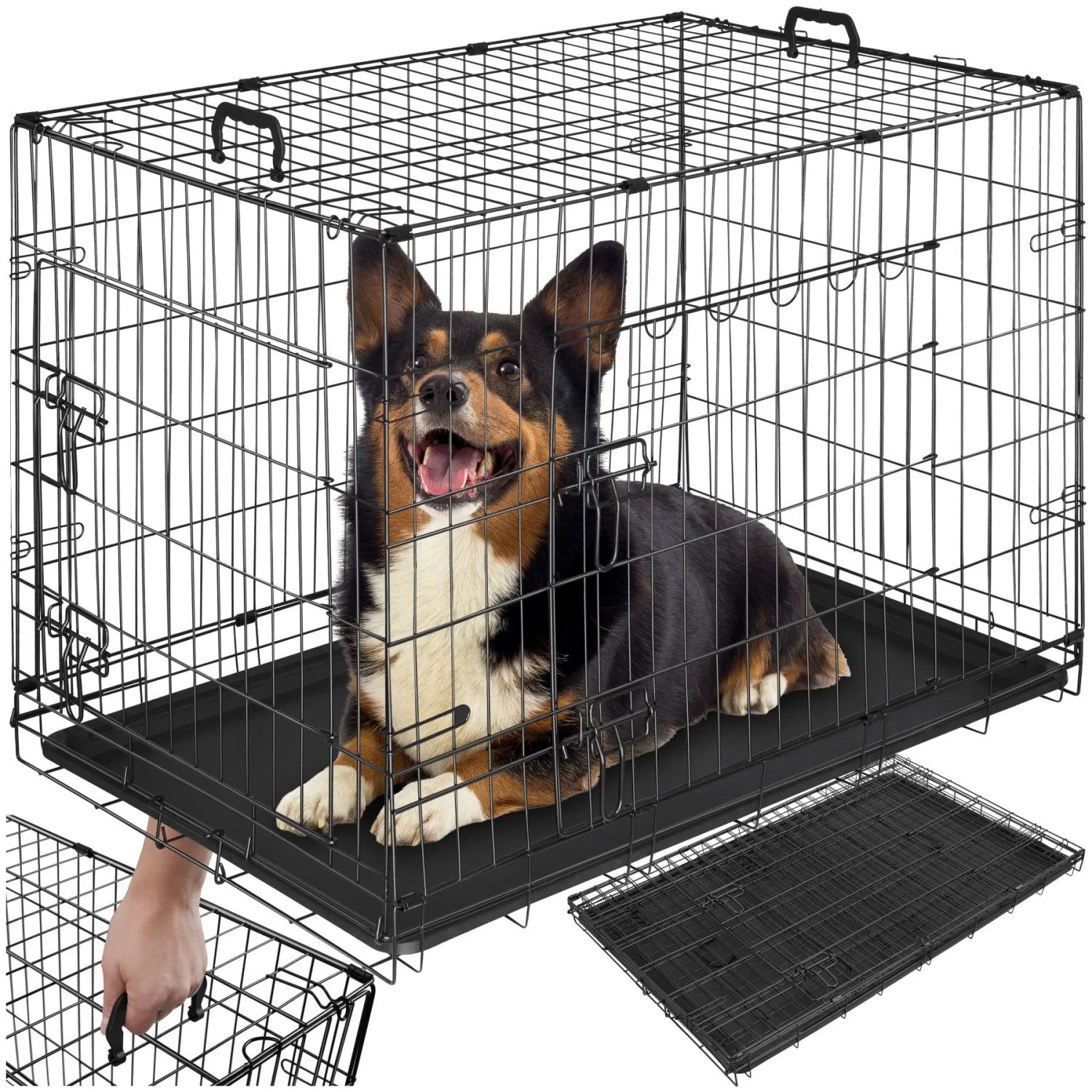 Tectake Hundekäfig Gitterbox Luna Klappbar Mit 2 Tragegriffen Robuste Stahlgitter 91 50 X 59 50 X 64 Cm Schwarz
