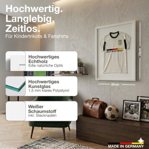 Weißer Echtholz Trikotrahmen 50x70 cm mit Trikot, ideal für Kindertrikots und Fan Shirts.