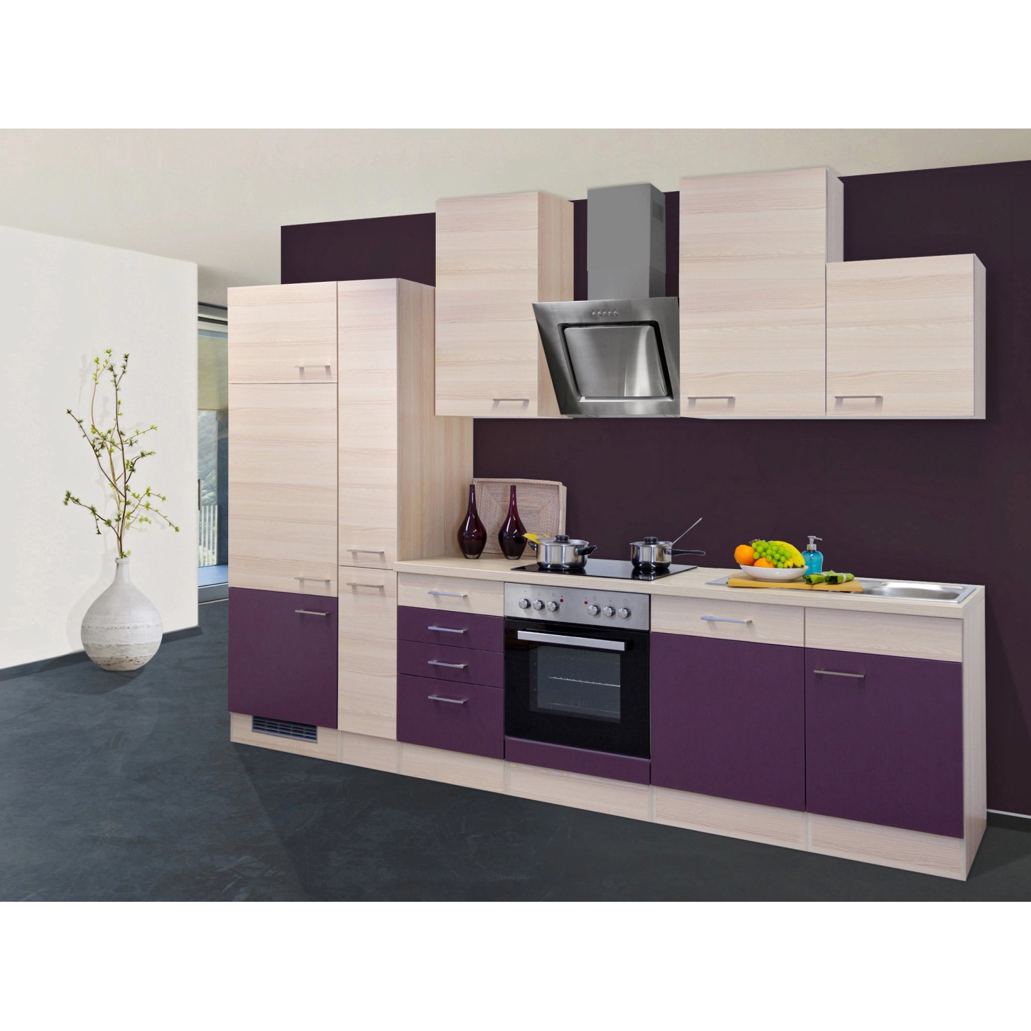 Flex-Well Exclusiv Küchenzeile/Küchenblock Focus 310 cm Akazie-Aubergine