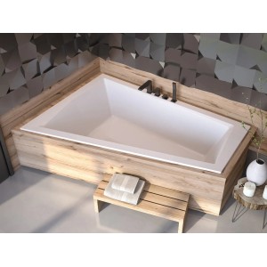 Bad Land INTIMA SLIM Eckbadewanne 180x125 aus weißem Acryl mit linkem Ablauf, in moderner Holzverkleidung.