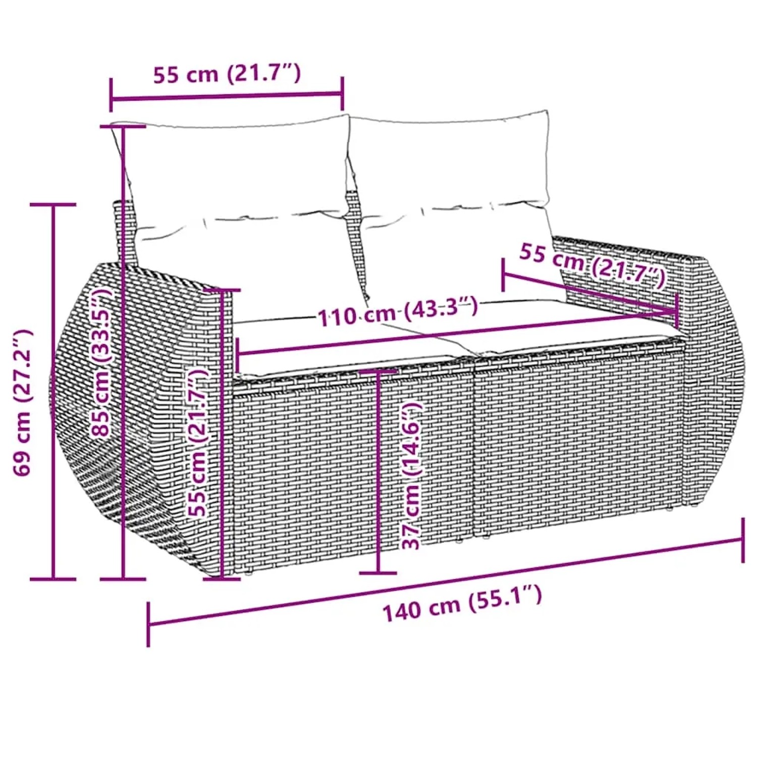Beige 9-teilige Garten-Sofagarnitur aus Polyrattan mit Kissen, Maße eingezeichnet.