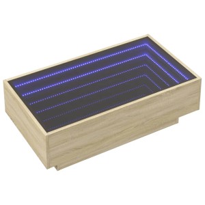 vidaXL LED-Couchtisch Sonoma Eiche, 90x50 cm, mit Infinity-Spiegel und blauer LED-Beleuchtung.