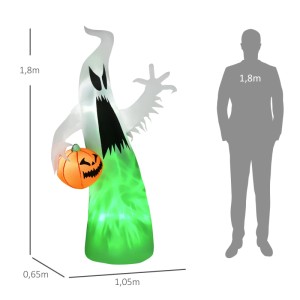 HOMCOM selbst aufblasbares Gespenst, 1,8m, mit grün leuchtender LED-Beleuchtung und Kürbis. Halloween-Deko.