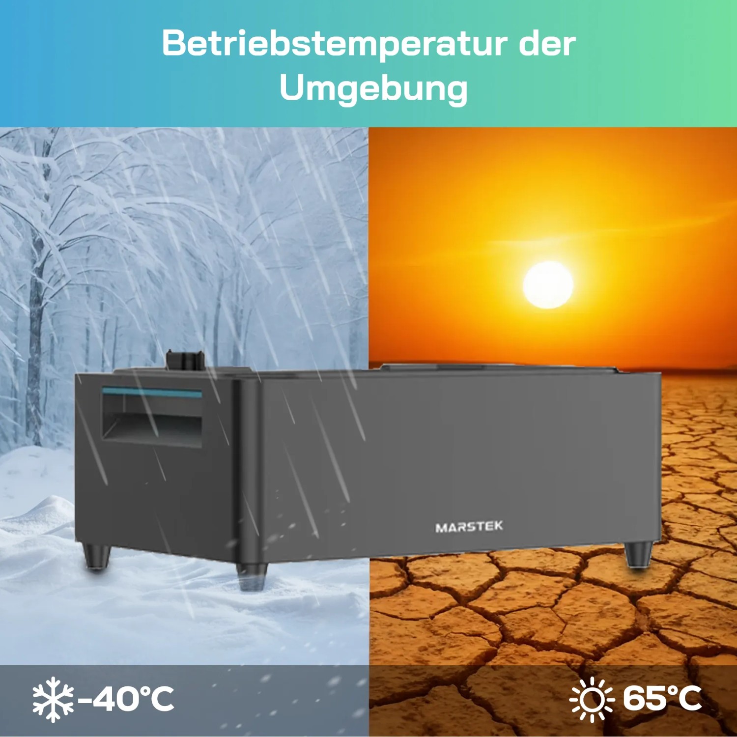 Marstek Solarspeicher für Balkonkraftwerk, Betriebstemperatur -40°C bis 65°C.
