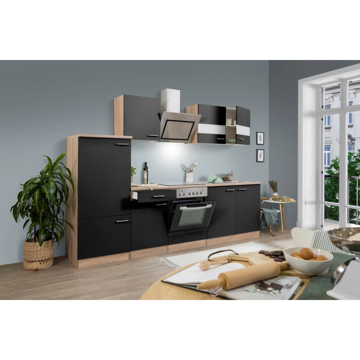 Respekta Economy Küchenzeile KB270ESSSC, 270 cm, Schwarz und Eiche Sägerau, mit Elektrogeräten.