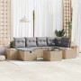 Beiges 7-teiliges vidaXL Garten-Sofa-Set aus Rattan mit grauen Kissen.